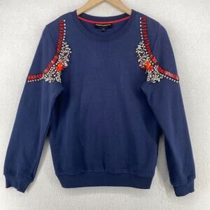 HEMANT & NANDITA Sweatshirt S Terry Crystal Embellished Pullover Cotton Blue